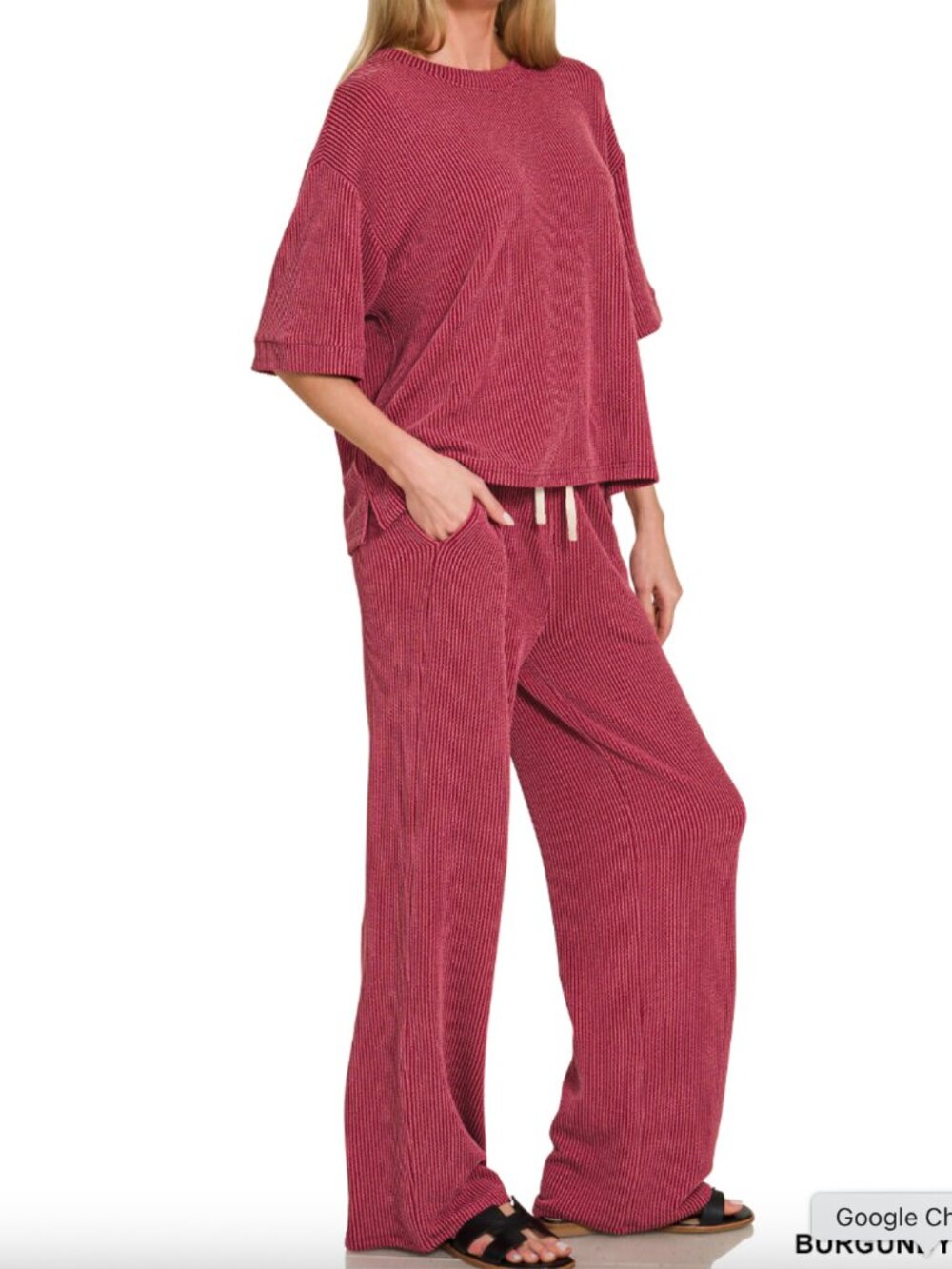 Raised Rib Short Sleeve Tee & Pants Set in Burgundy